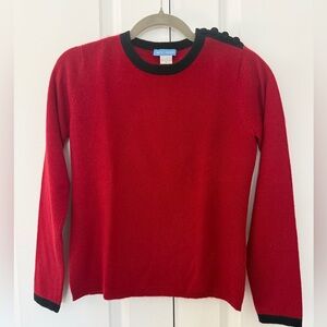 White + Warren Deep Red Cashmere Sweater Black Trim Button Shoulder Detail Sz S